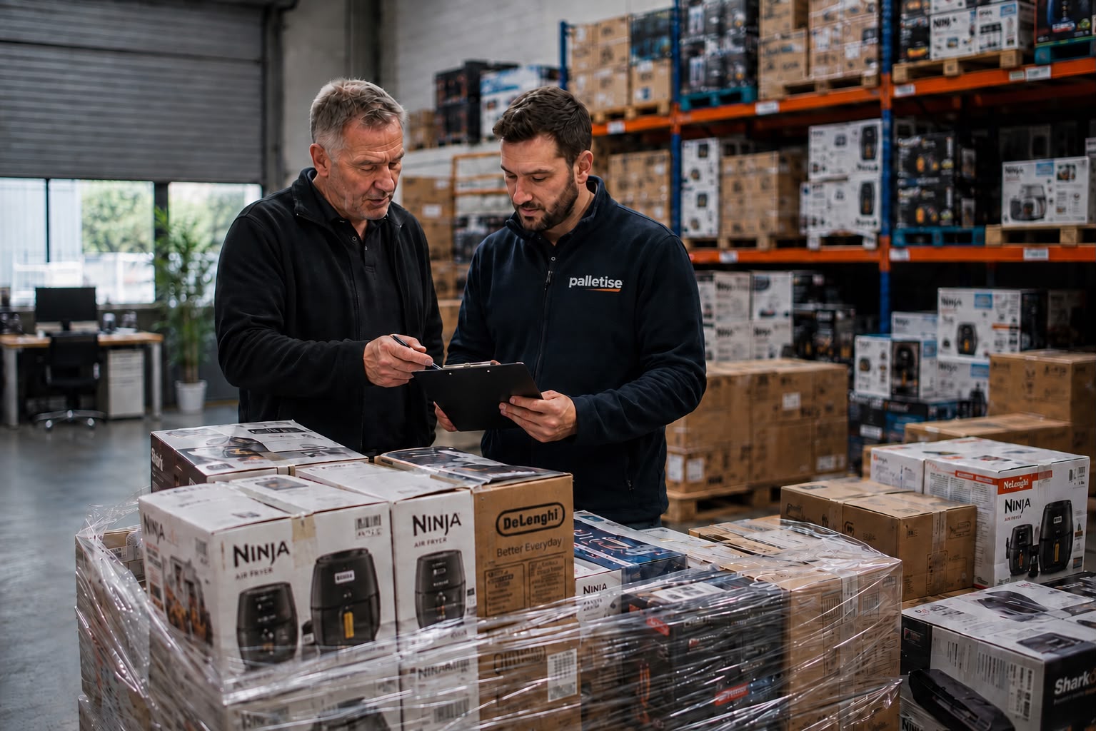 Two Palletise team members reviewing a manifest at a packed pallet of branded retail boxes in the warehouse