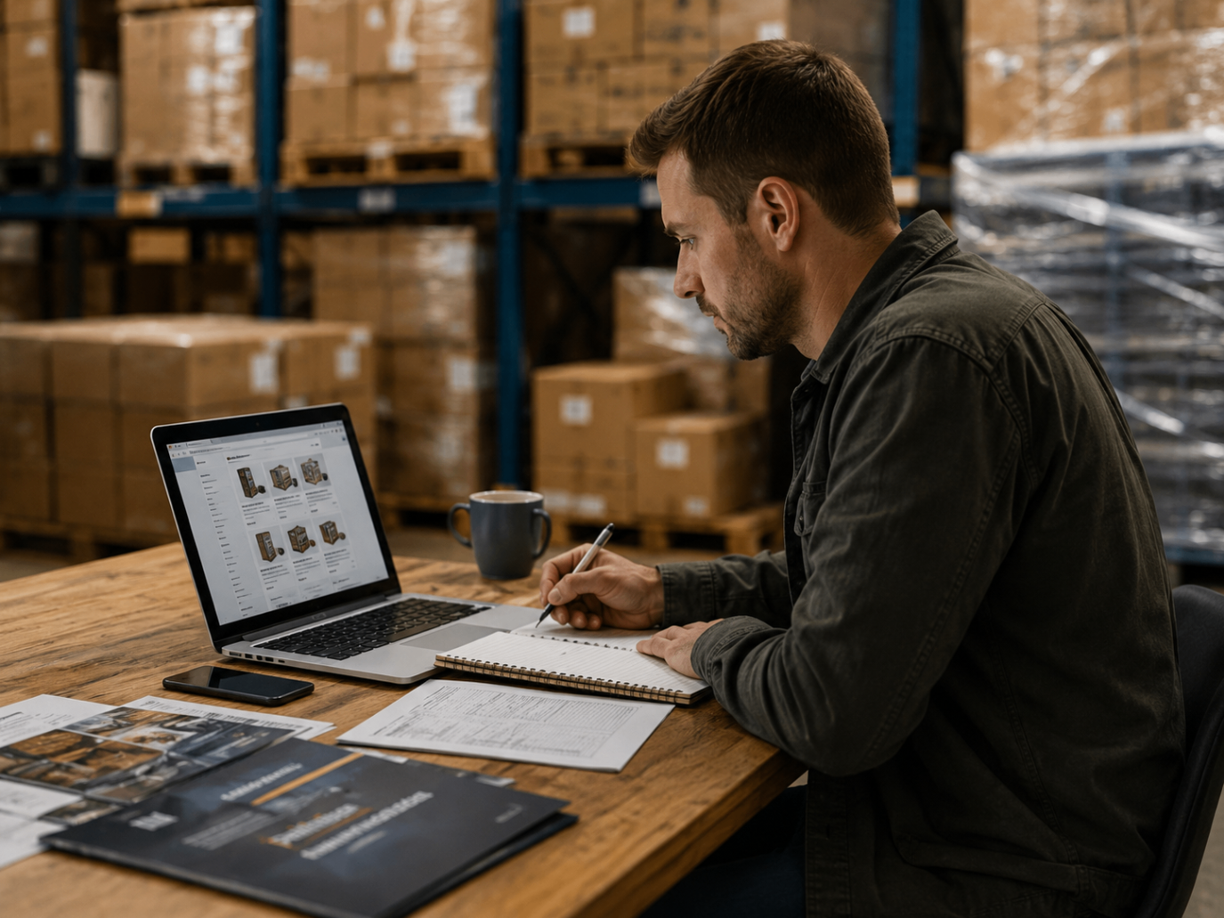 Buying guides and stock information being studied beside pallet stock