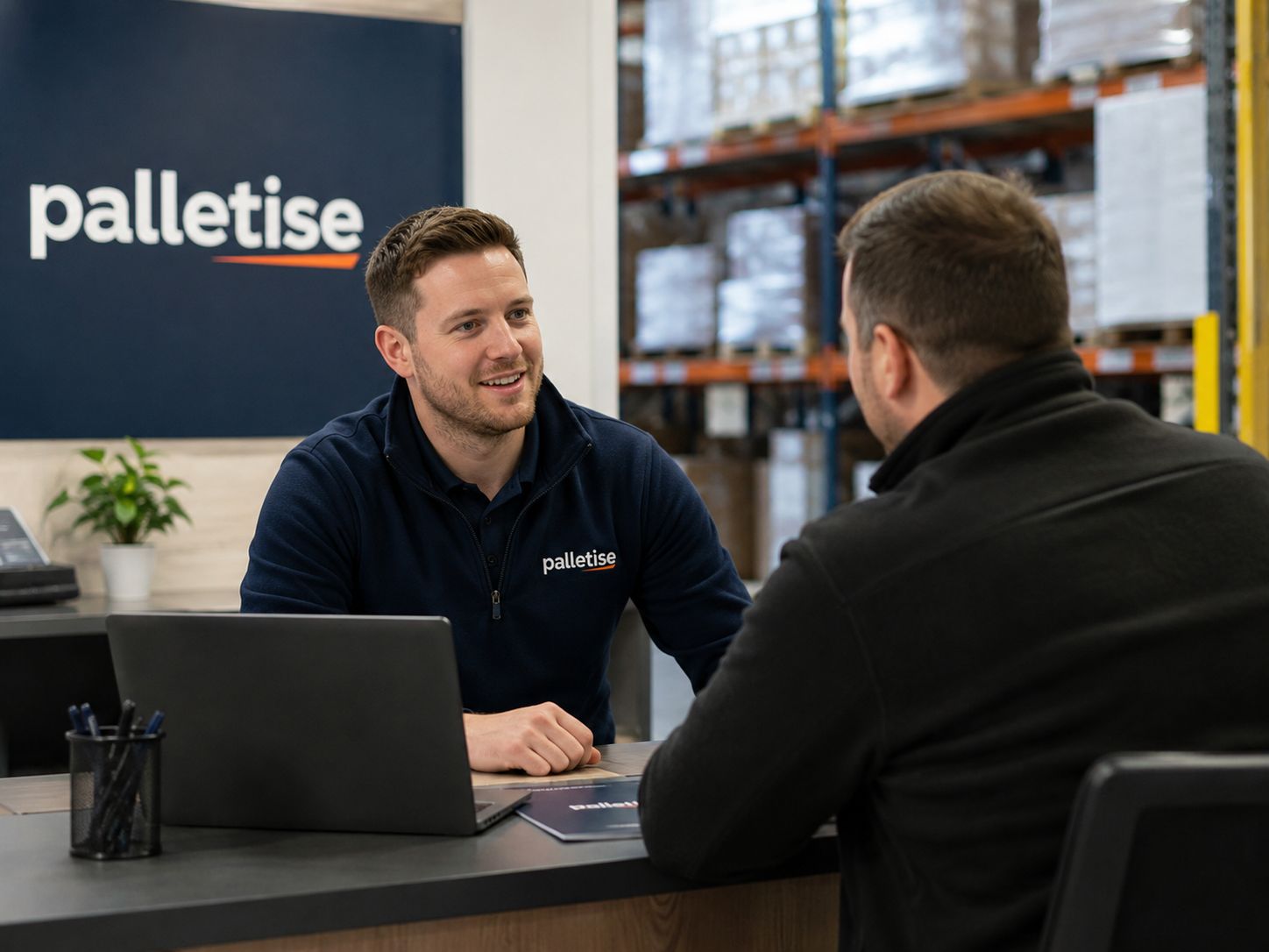A Palletise team member helping a customer at a warehouse workstation