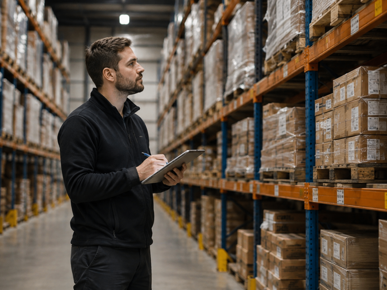 A buyer assessing pallets and products with a laptop and manifest