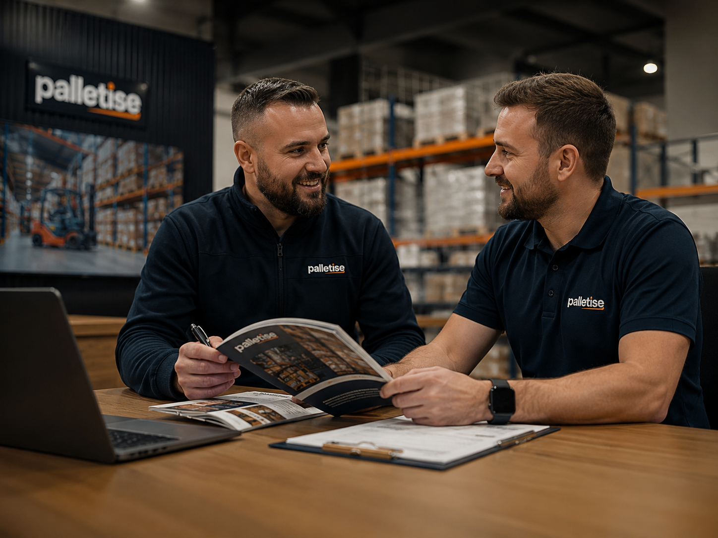 A trade buyer reviewing Palletise stock on a laptop in a warehouse