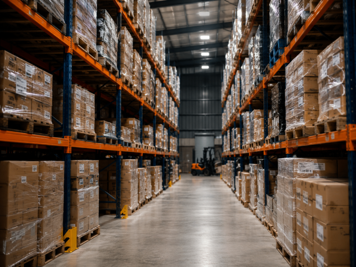 Wide view through a Palletise warehouse aisle of pallet racking and mixed wholesale stock