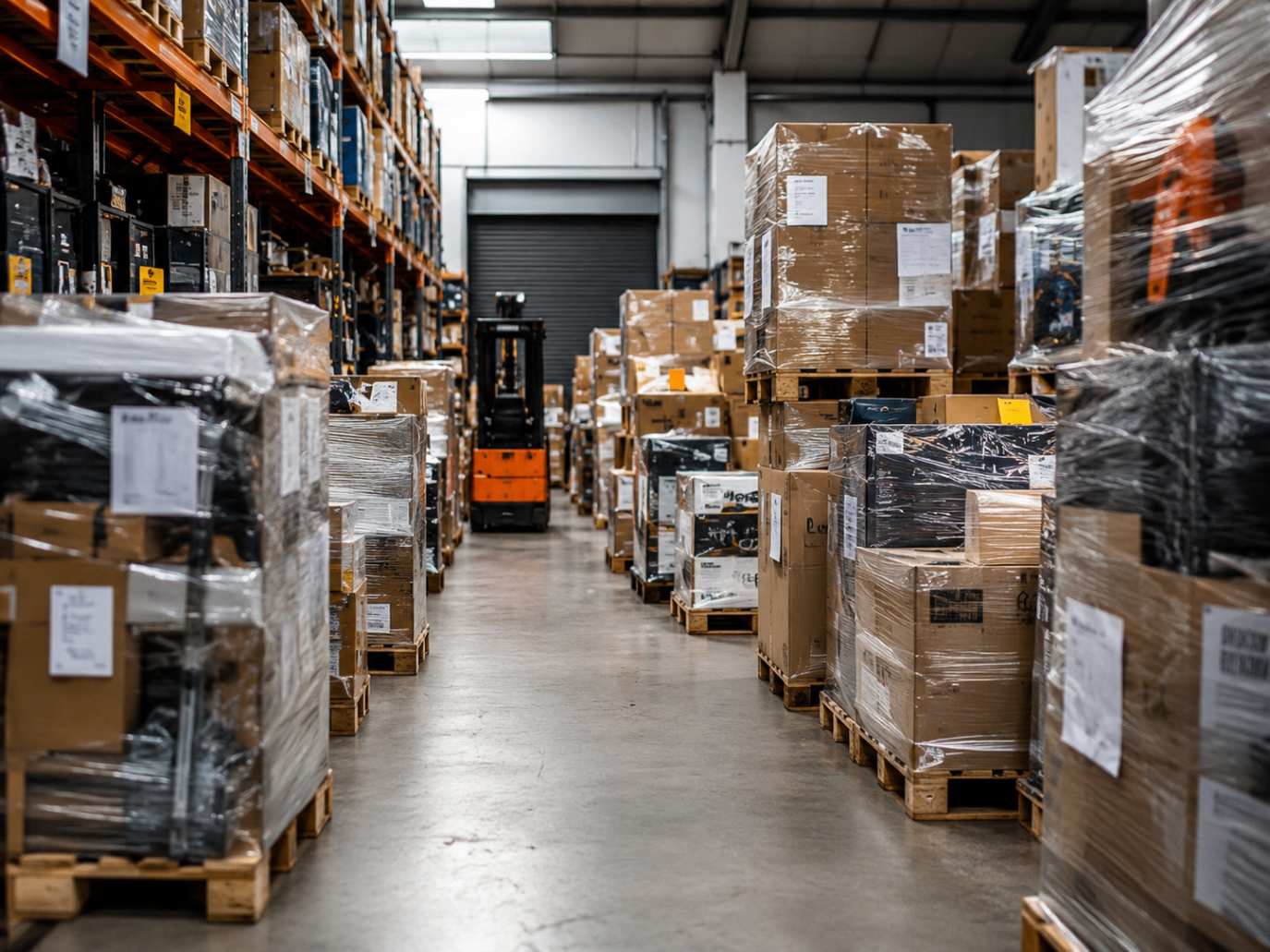 Mixed wholesale and clearance pallets in an organised warehouse