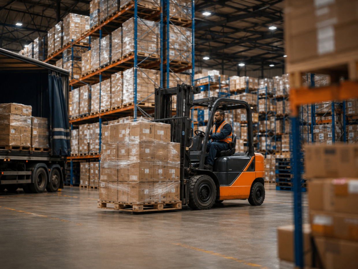 A forklift moving wrapped pallets during a full-load warehouse movement