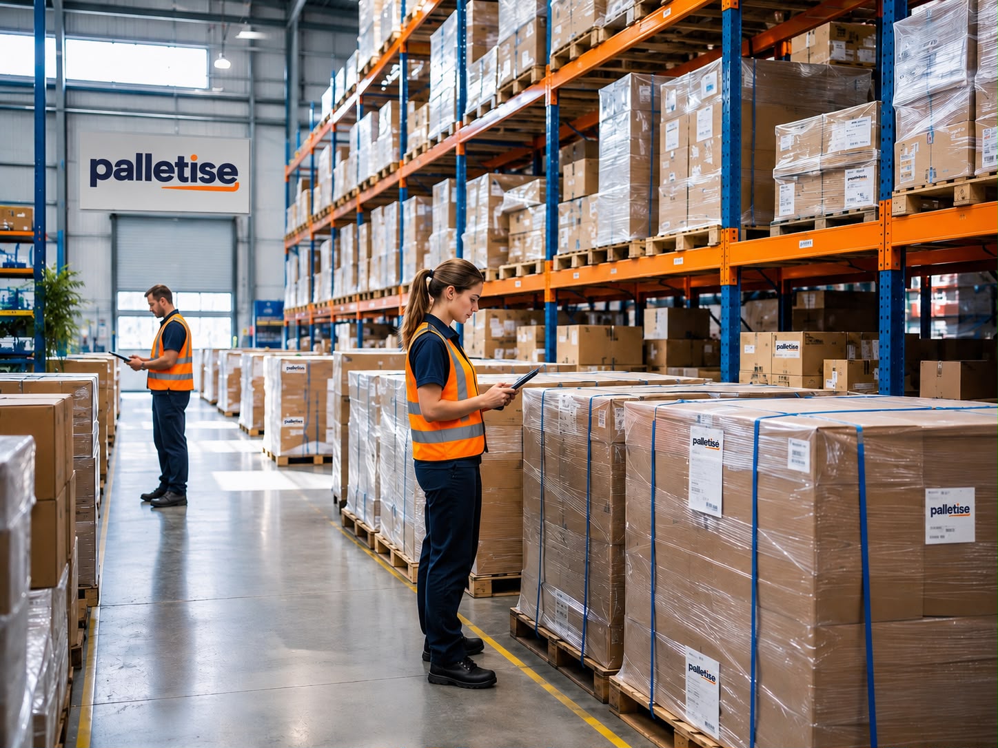 Palletise warehouse team reviewing palletised stock