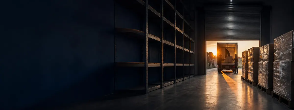 Warehouse aisle with pallets of ageing stock stored on shelving