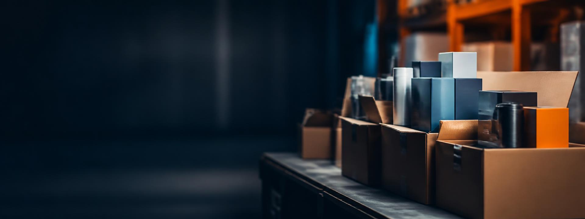 Open cartons of boxed clearance retail products on a warehouse bench