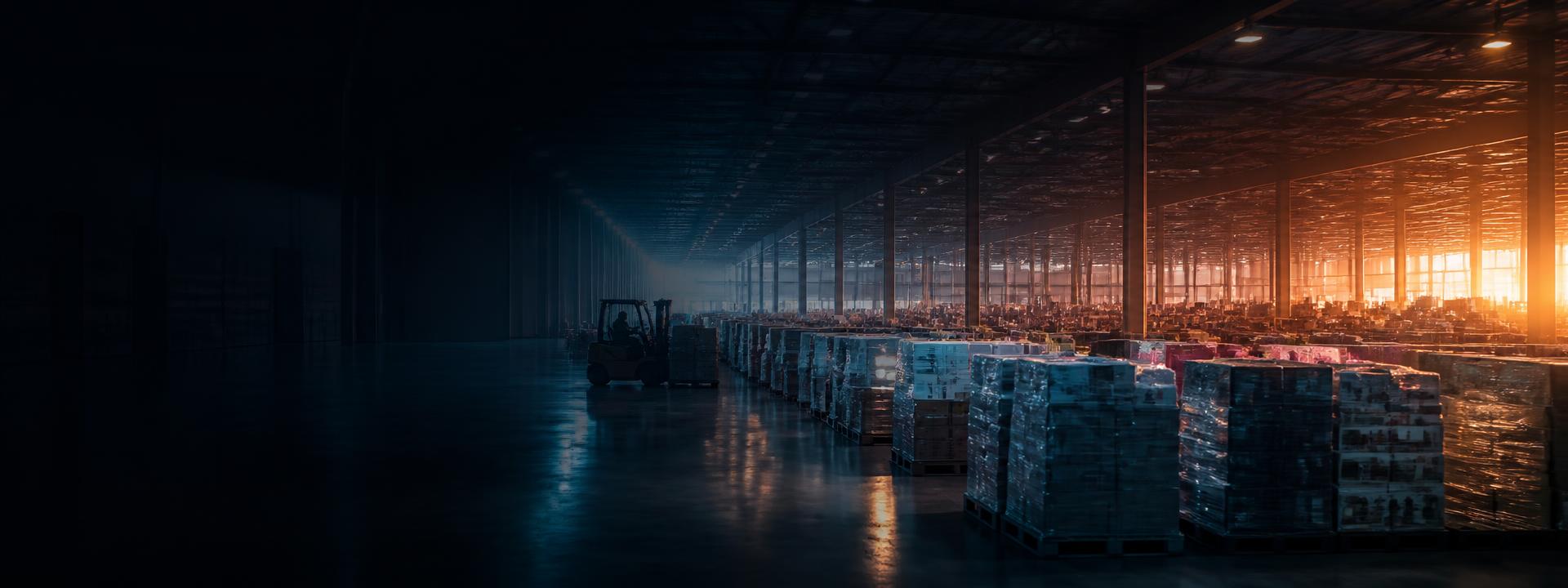 End-of-line boxed stock palletised for clearance in a supplier warehouse