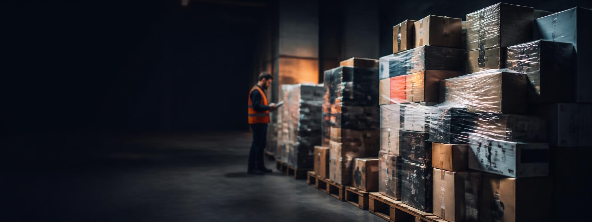 Stacked customer-return pallets being checked by a warehouse operative