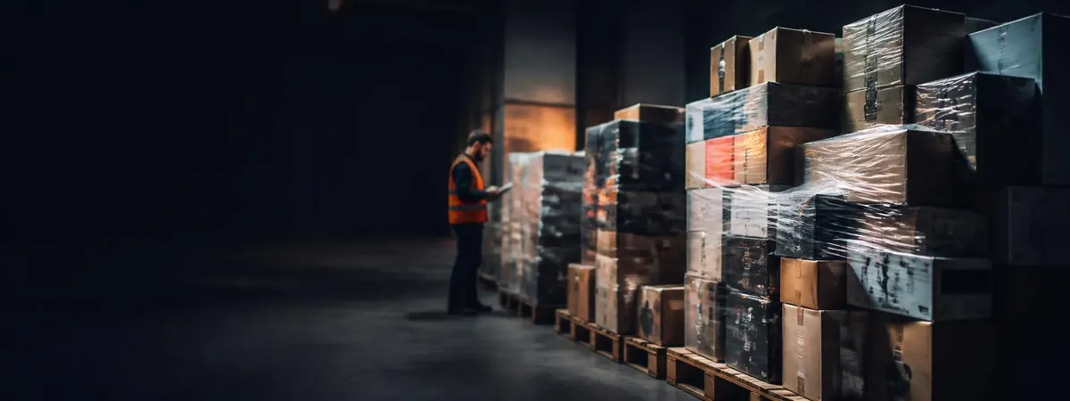 Stacked customer-return pallets being checked by a warehouse operative