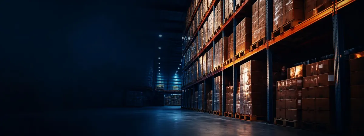 Warehouse racking loaded with shrink-wrapped pallets of wholesale stock