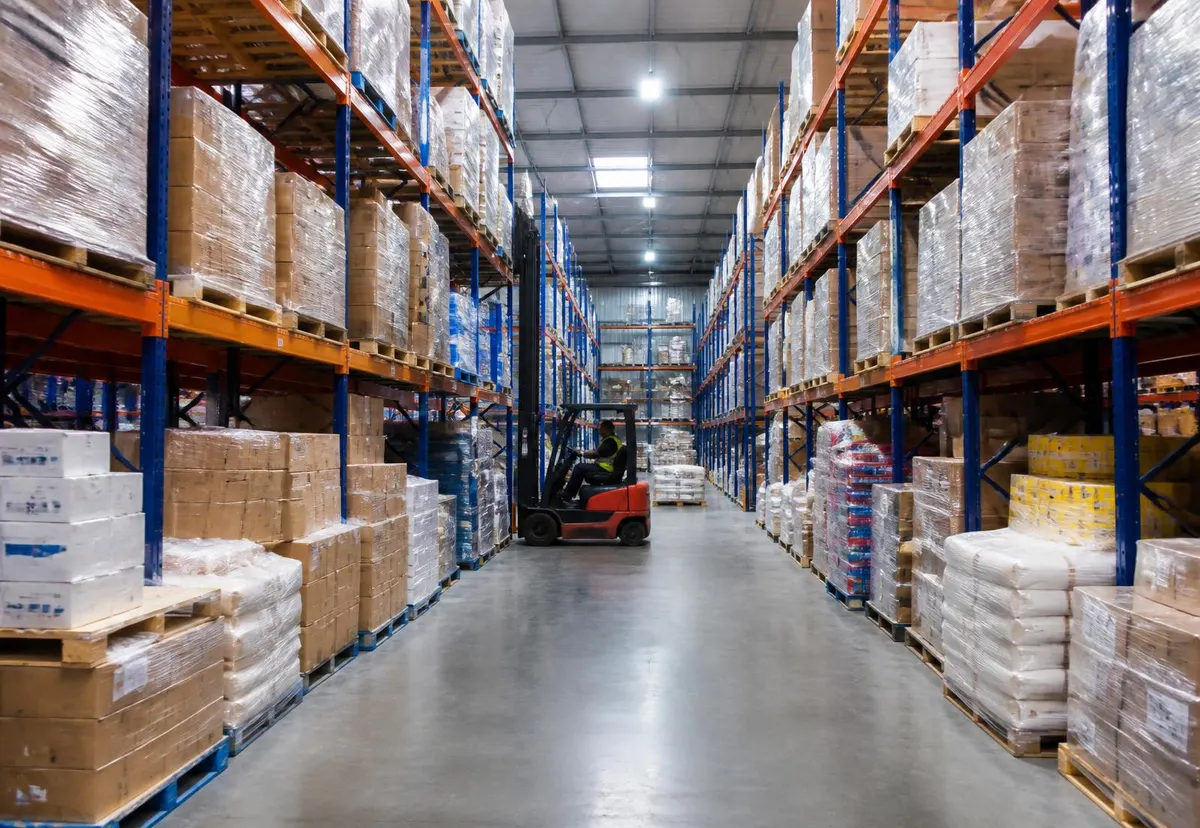 Palletise wholesale warehouse aisle stacked with palletised mixed stock