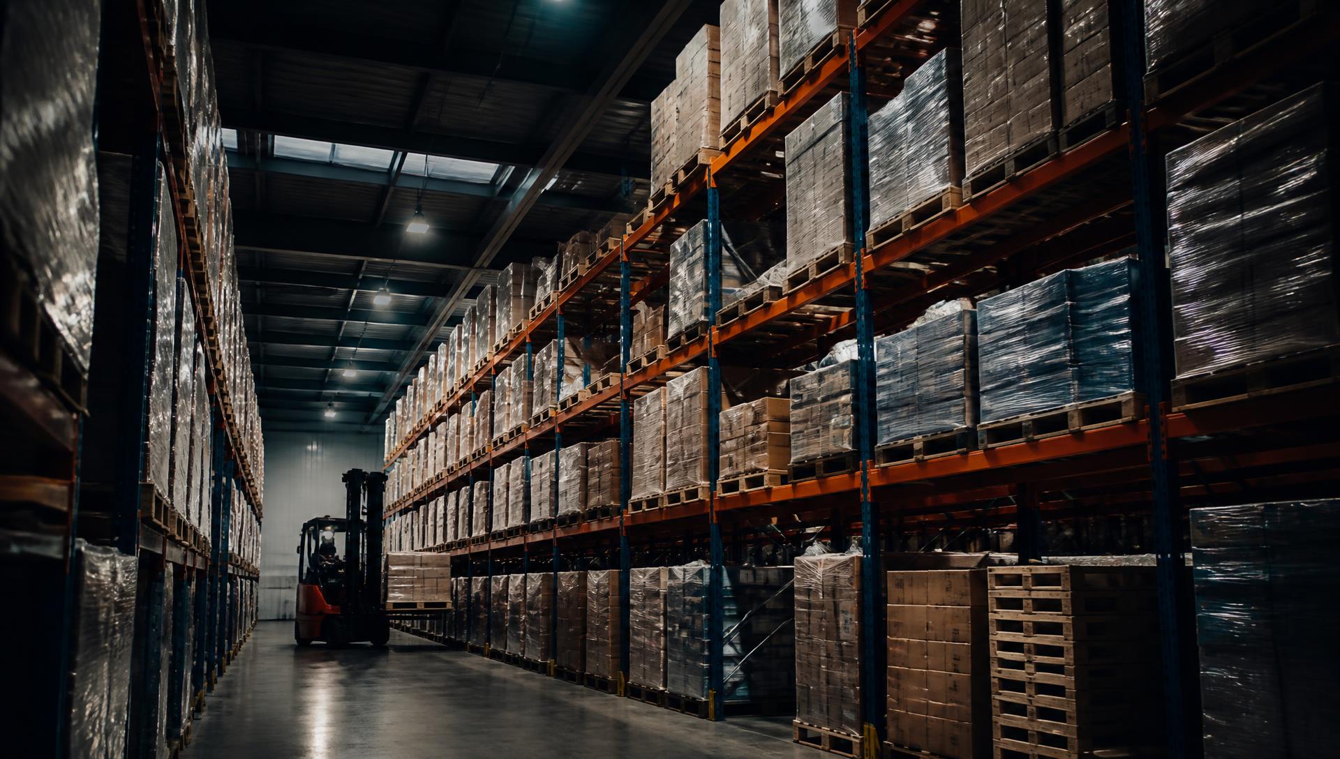 Racked warehouse inventory being assessed for surplus stock clearance