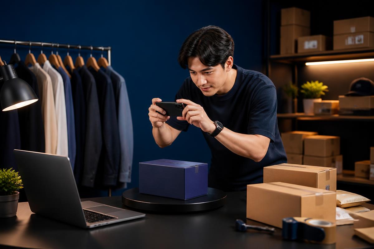 Reseller photographing a boxed product for an online listing at a packing station
