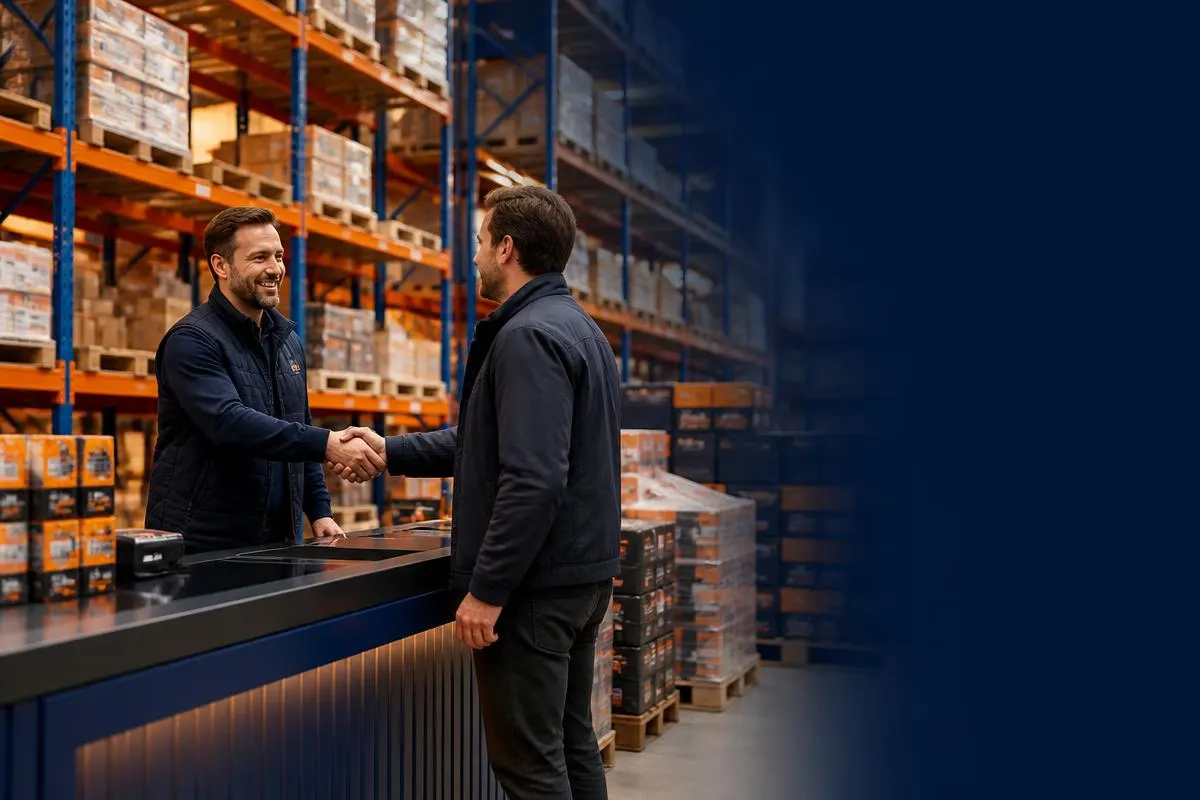Buyer shaking hands with a warehouse manager at a wholesale trade counter